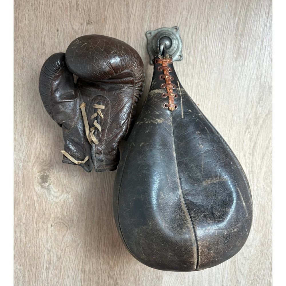 Vintage Leather Boxing Glove and Speed Bag Set Antique Sports Memorabilia Decor